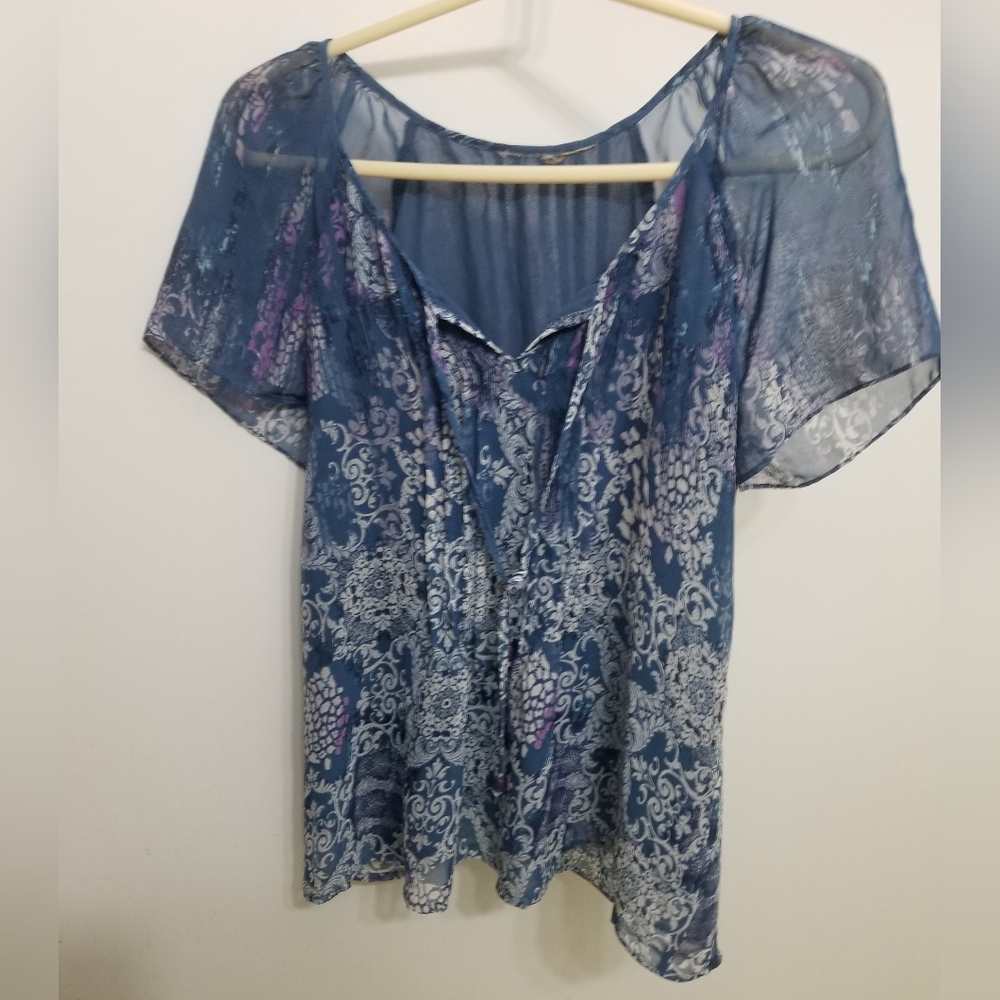 Sheer blue with purple and white blouse